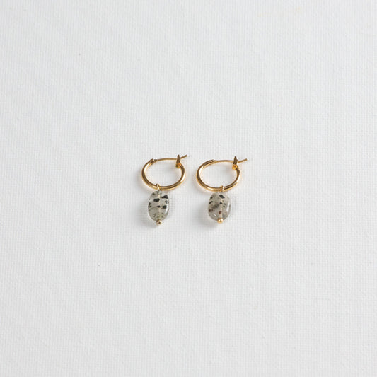 Gold hoop earrings with Dalmatian-like Black Rutilated Quartz Pendants, showcased on a clean white background. 